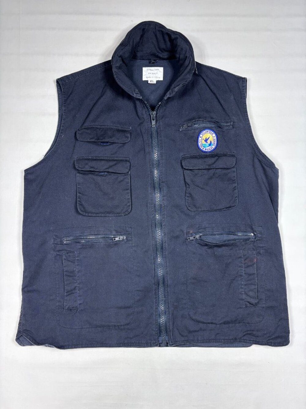 VTG 90s US Fish & Wildlife Service Ranger Vest Navy Blue Hidden Hood Utility XL